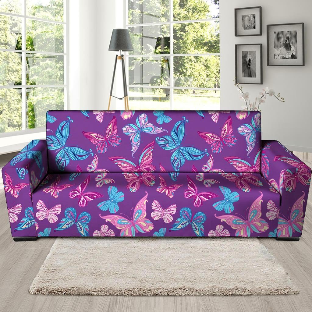 Blue And Pink Butterfly Print Sofa Cover-grizzshop