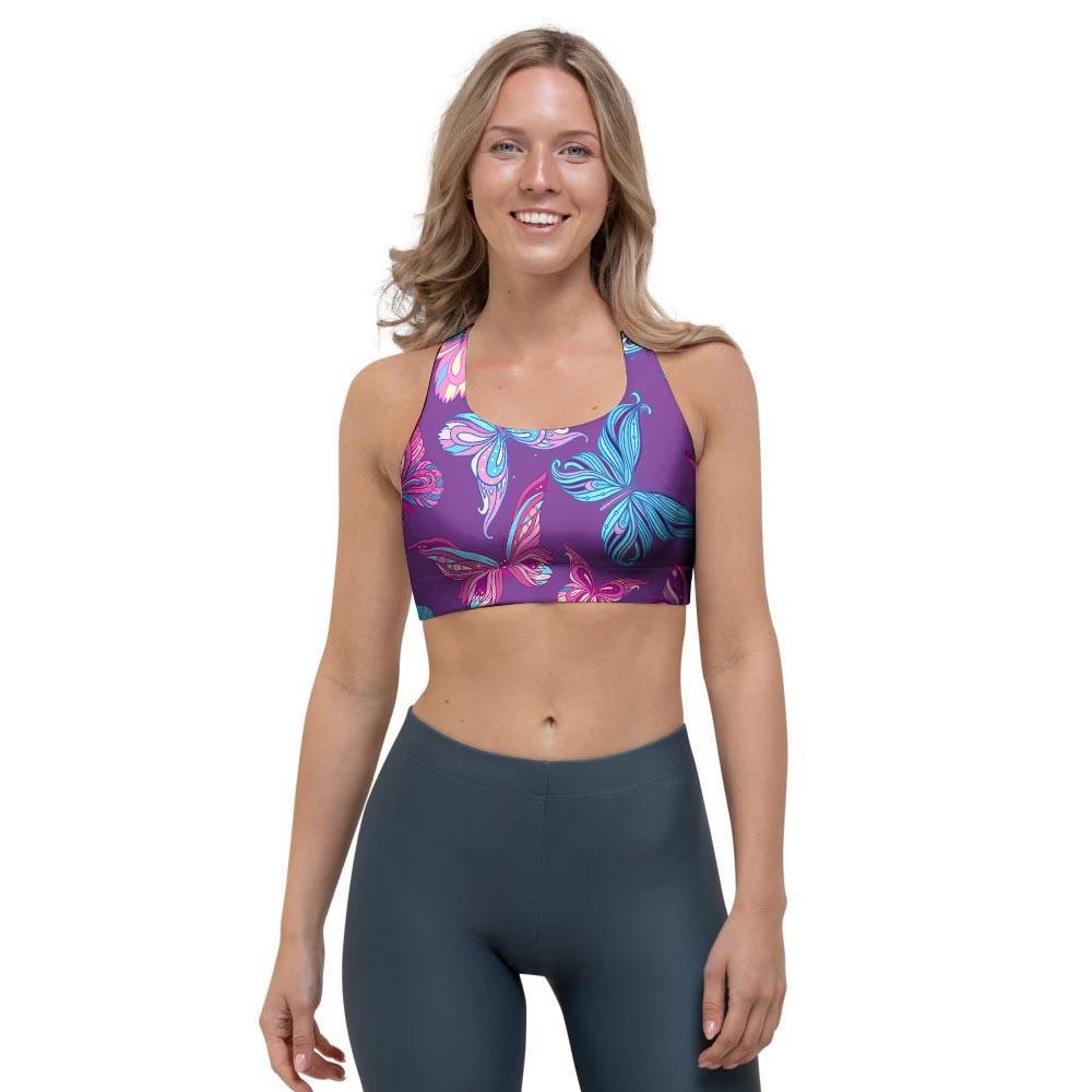 Blue And Pink Butterfly Print Sports Bra-grizzshop