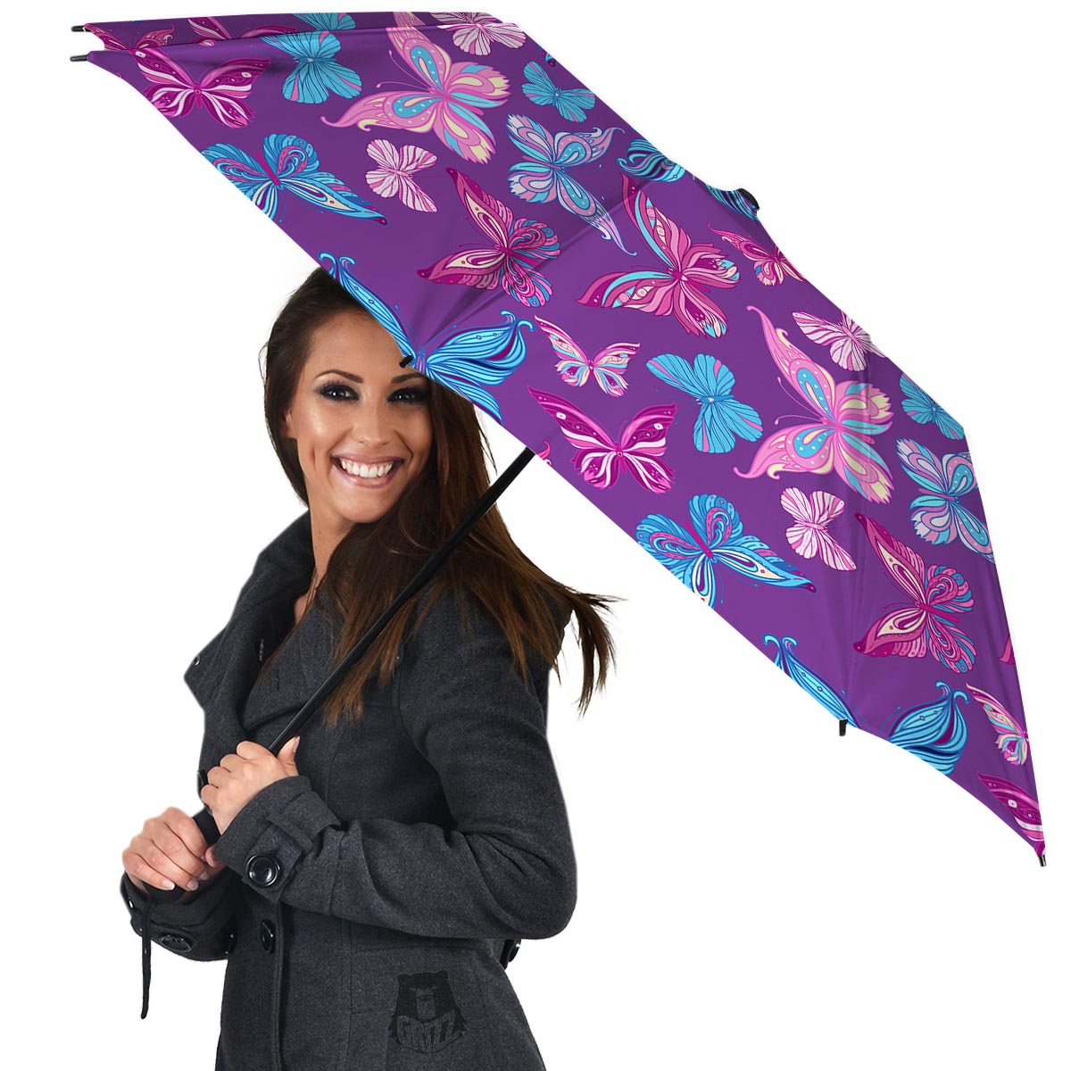 Blue And Pink Butterfly Print Umbrella-grizzshop