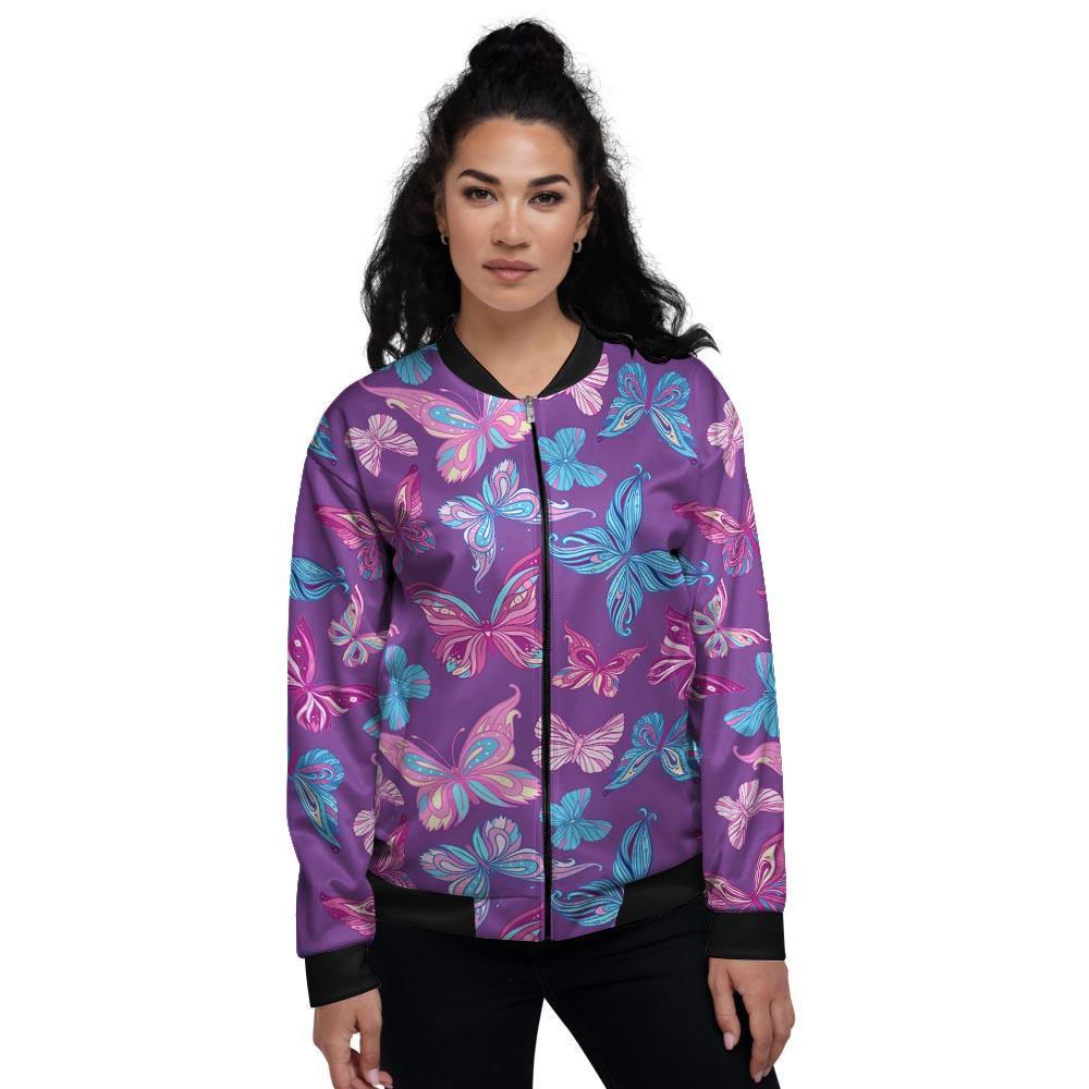 Blue And Pink Butterfly Print Women's Bomber Jacket-grizzshop