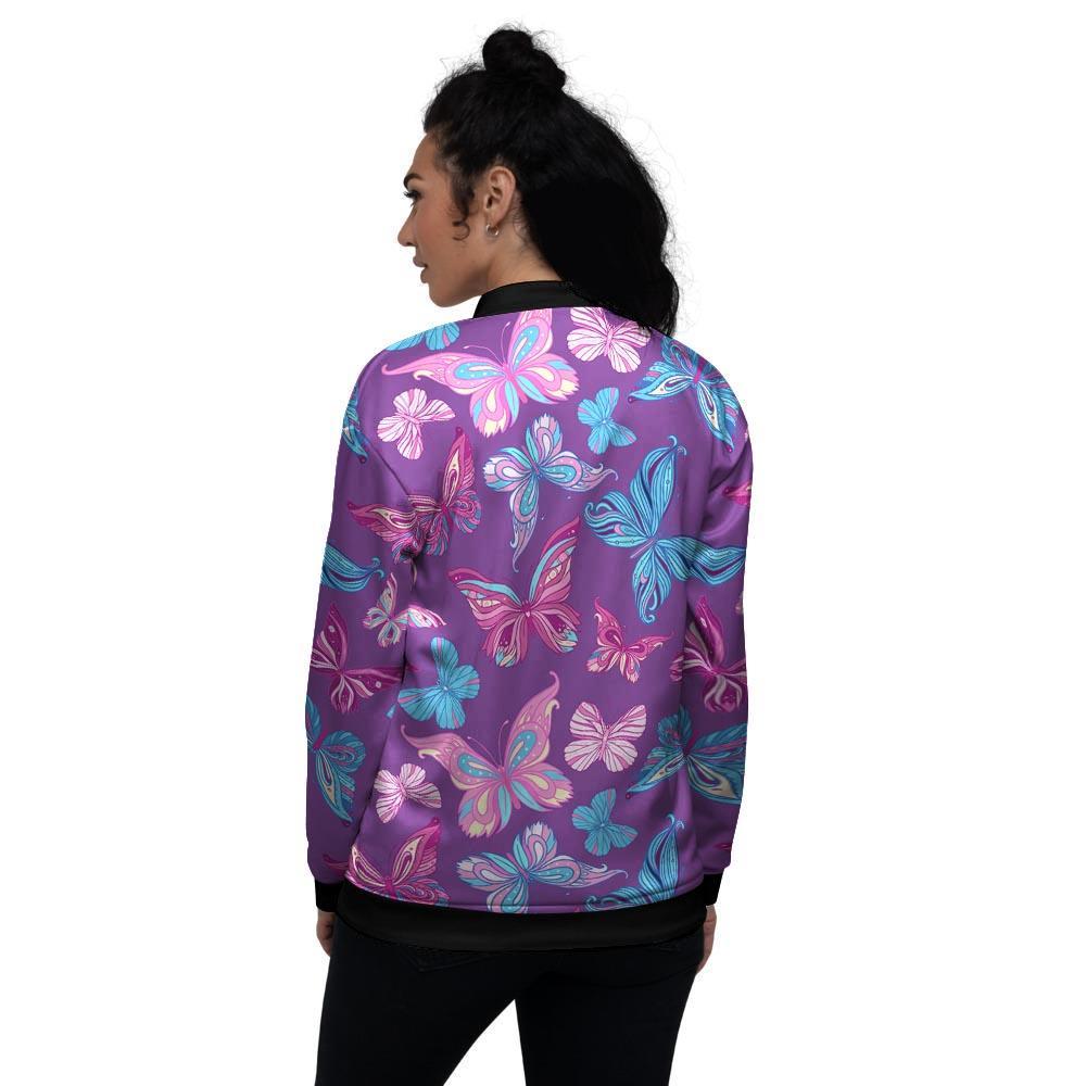 Blue And Pink Butterfly Print Women's Bomber Jacket-grizzshop
