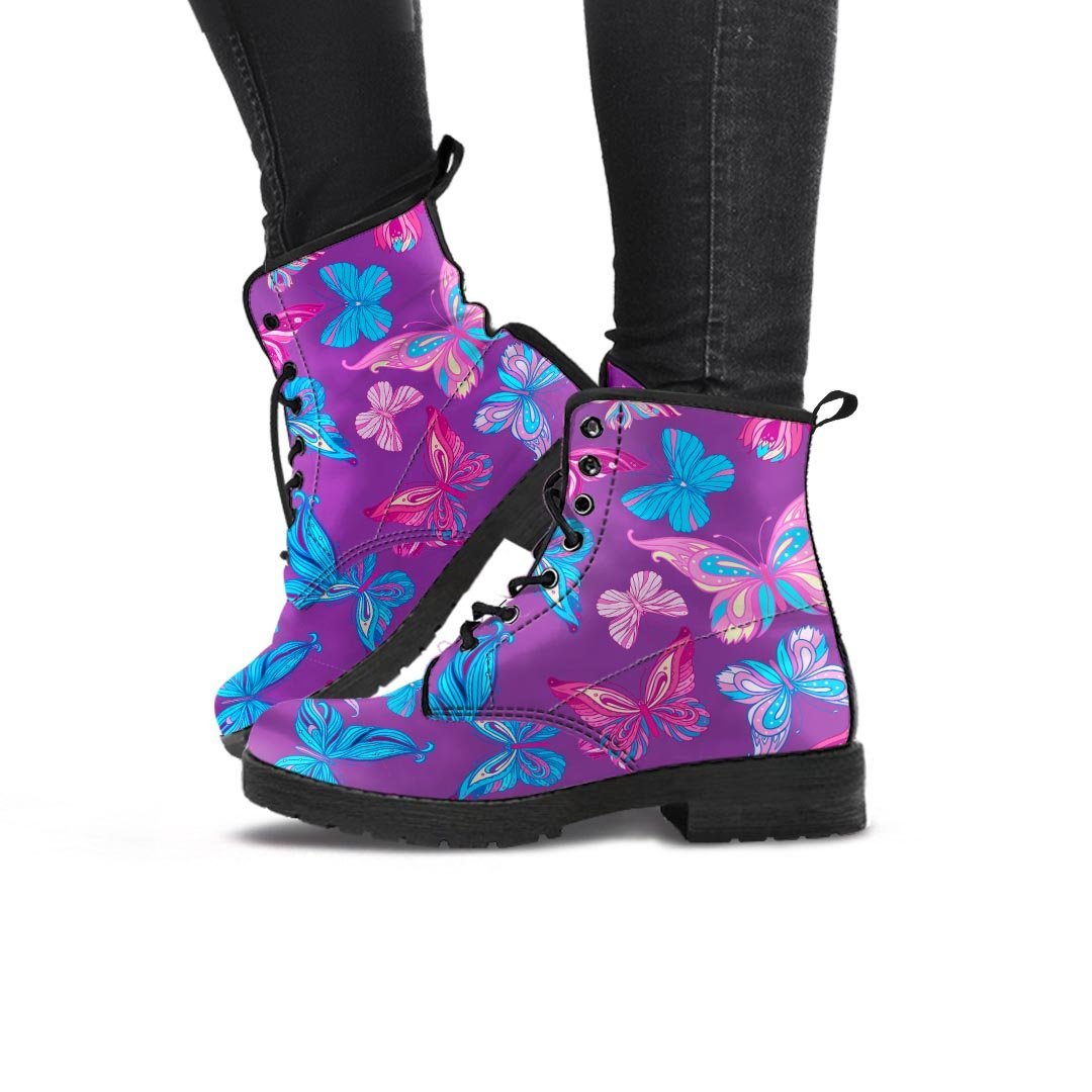 Blue And Pink Butterfly Print Women's Boots-grizzshop