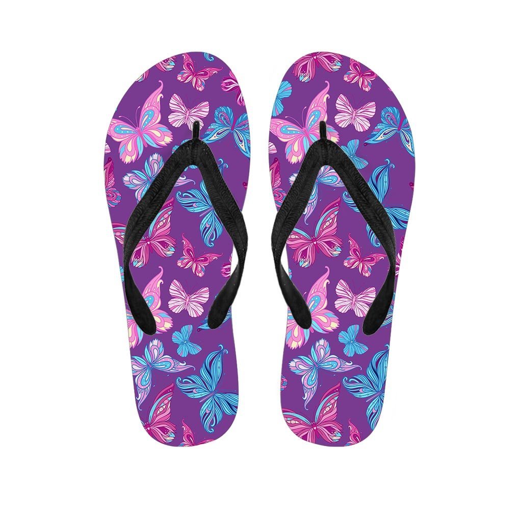 Blue And Pink Butterfly Print Women's Flip Flops-grizzshop