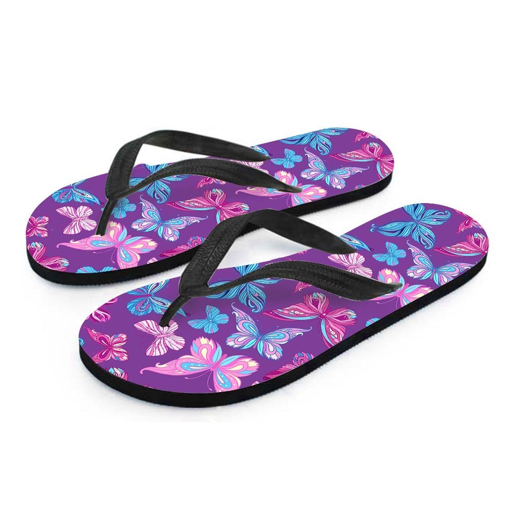 Blue And Pink Butterfly Print Women's Flip Flops-grizzshop