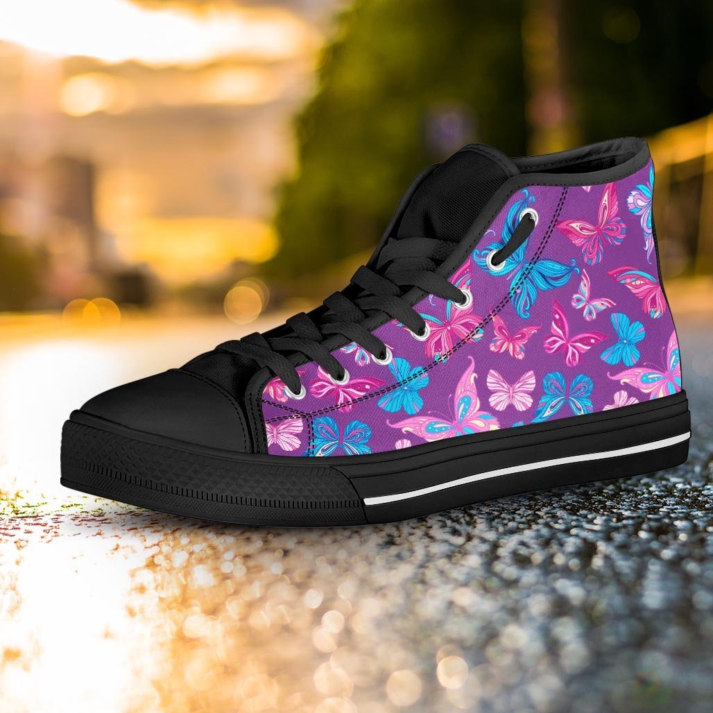 Blue And Pink Butterfly Print Women's High Top Shoes-grizzshop