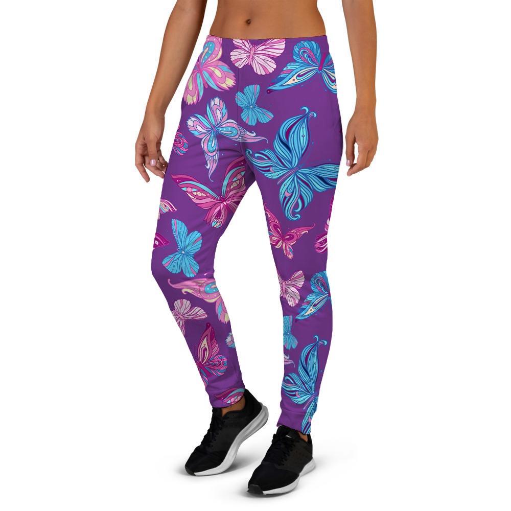 Blue And Pink Butterfly Print Women's Joggers-grizzshop