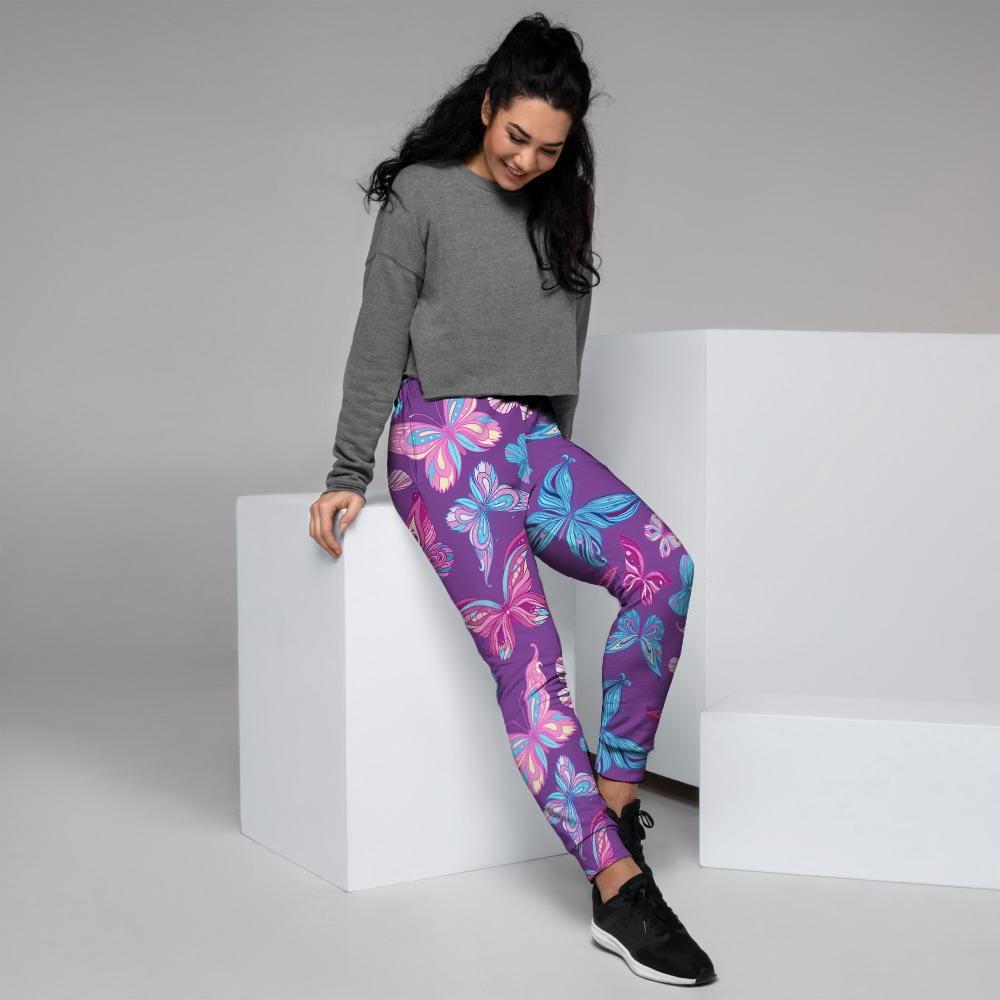 Blue And Pink Butterfly Print Women's Joggers-grizzshop