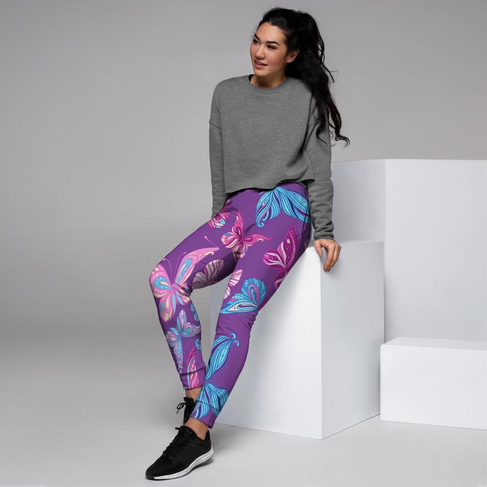 Blue And Pink Butterfly Print Women's Joggers-grizzshop