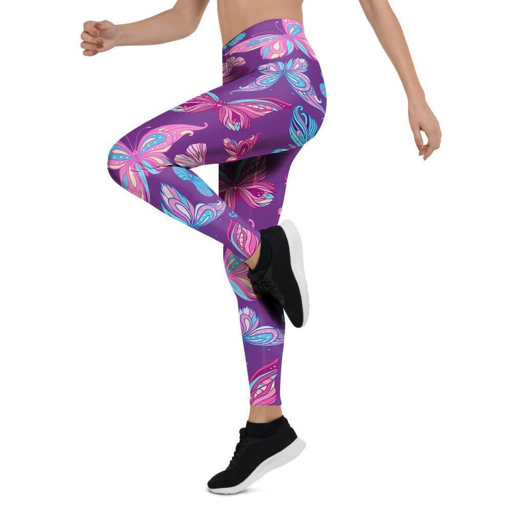 Blue And Pink Butterfly Print Women's Leggings-grizzshop