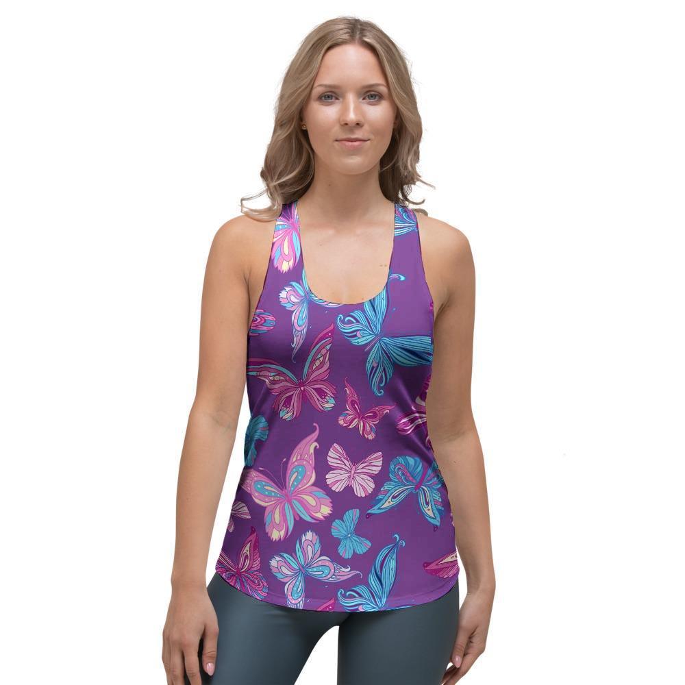 Blue And Pink Butterfly Print Women's Racerback Tank Top-grizzshop