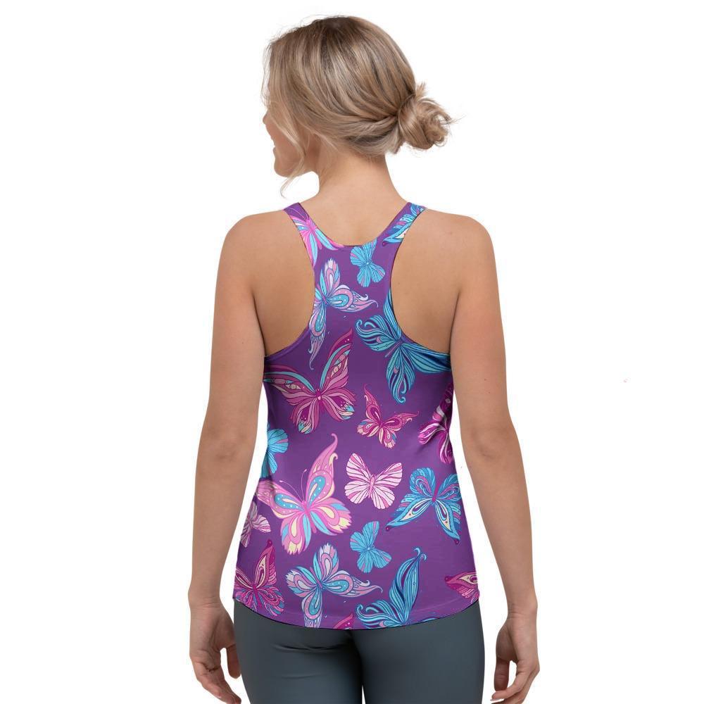 Blue And Pink Butterfly Print Women's Racerback Tank Top-grizzshop