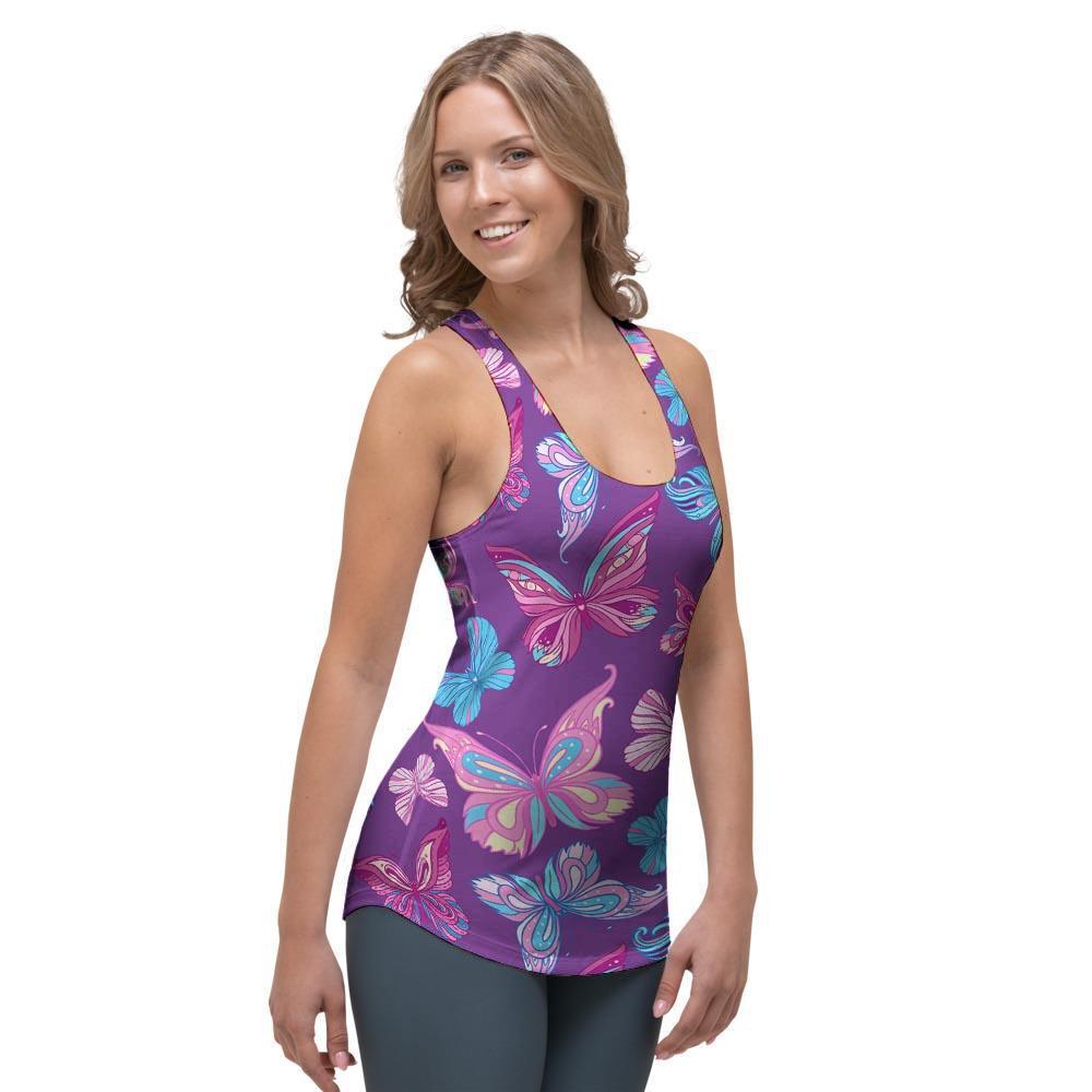 Blue And Pink Butterfly Print Women's Racerback Tank Top-grizzshop