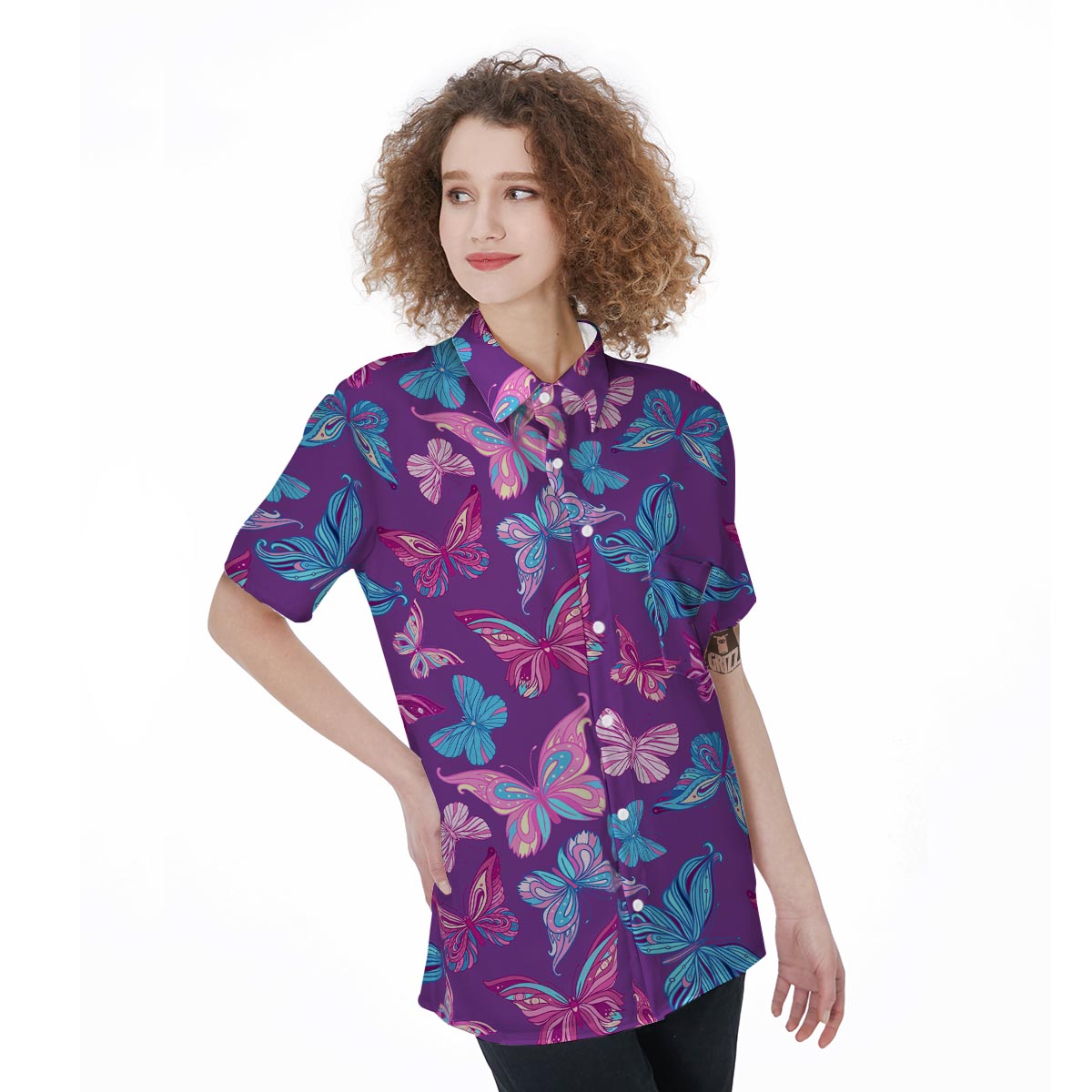 Blue And Pink Butterfly Print Women's Short Sleeve Shirts-grizzshop