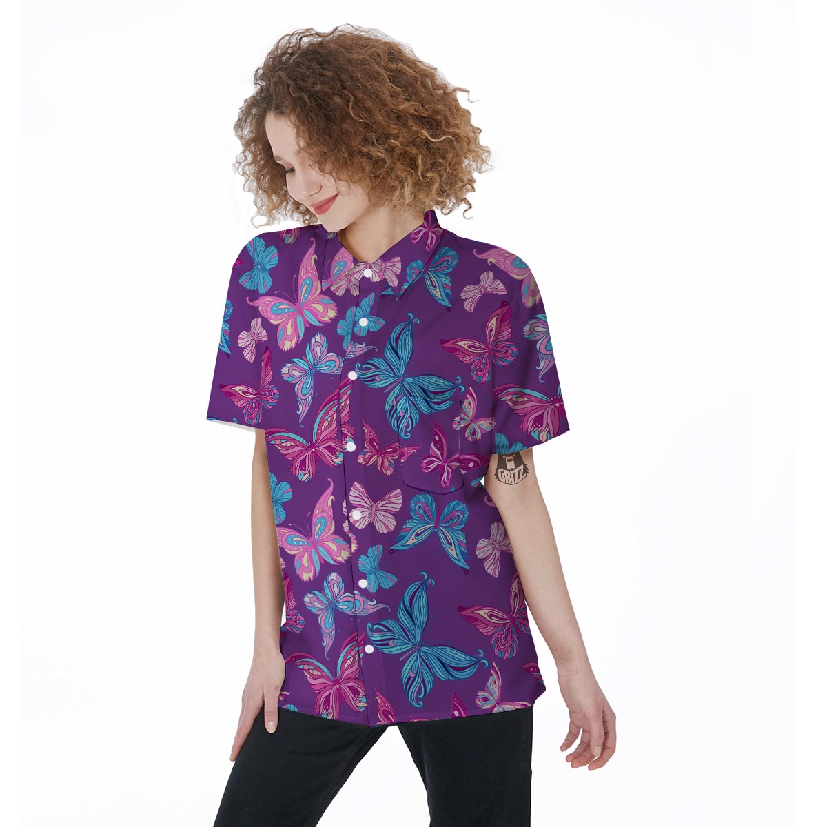 Blue And Pink Butterfly Print Women's Short Sleeve Shirts-grizzshop