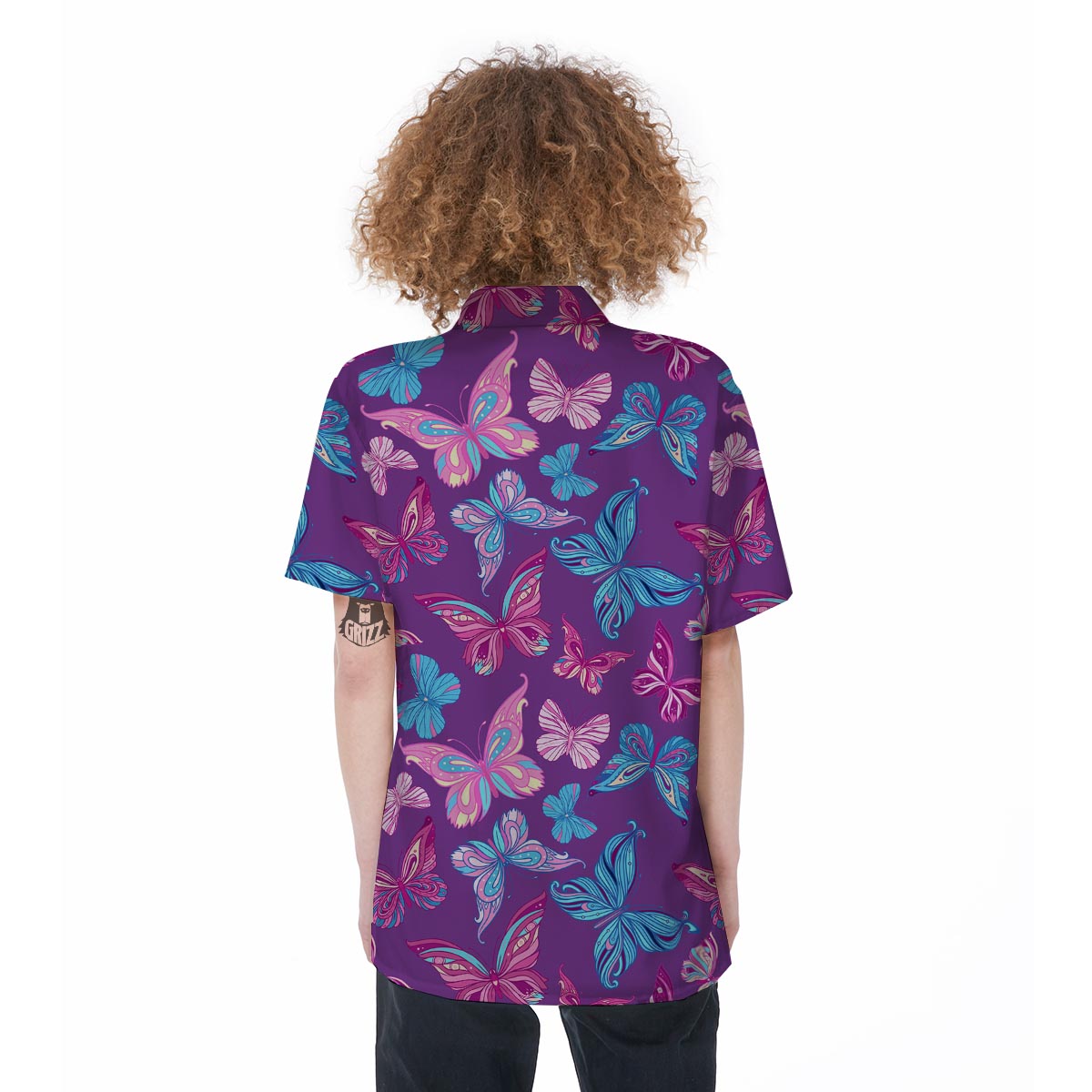 Blue And Pink Butterfly Print Women's Short Sleeve Shirts-grizzshop