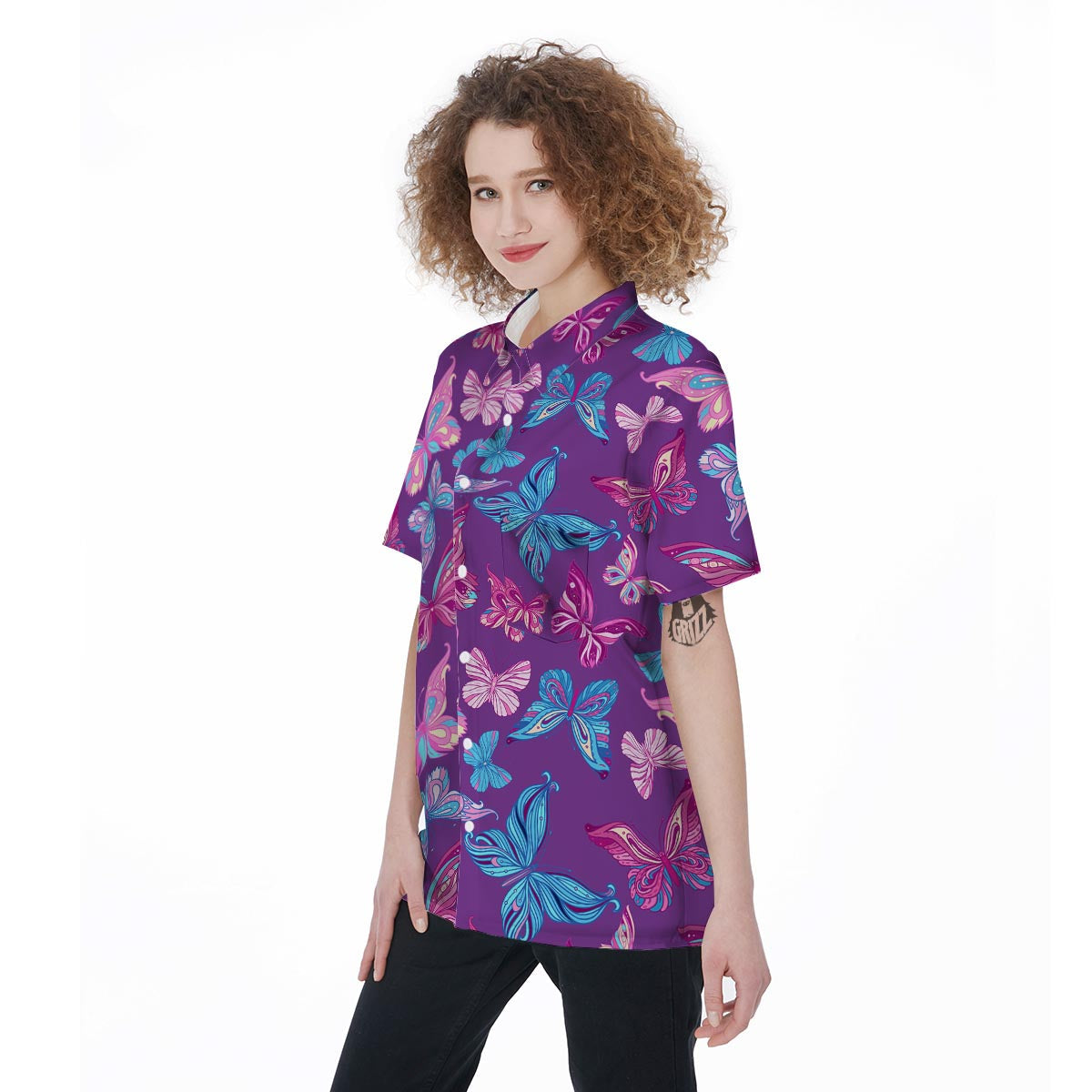 Blue And Pink Butterfly Print Women's Short Sleeve Shirts-grizzshop