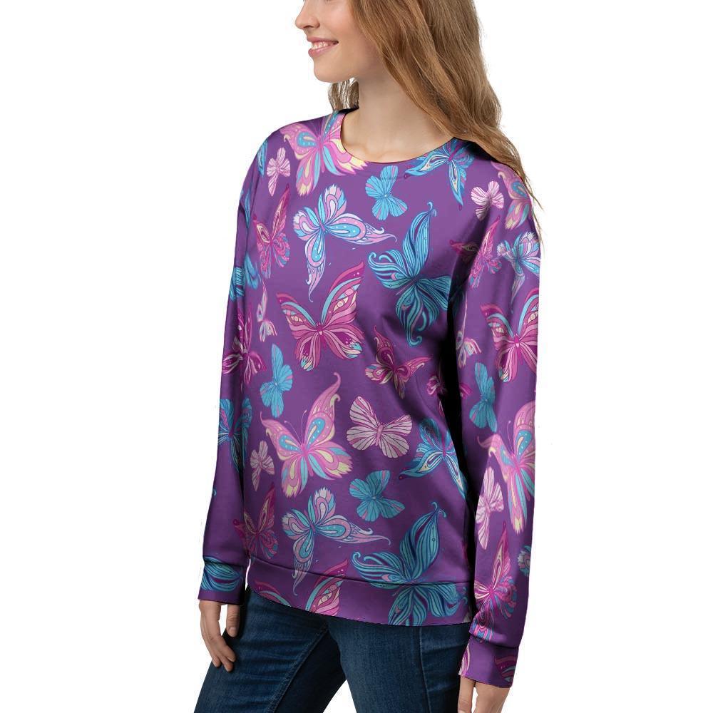 Blue And Pink Butterfly Print Women's Sweatshirt-grizzshop