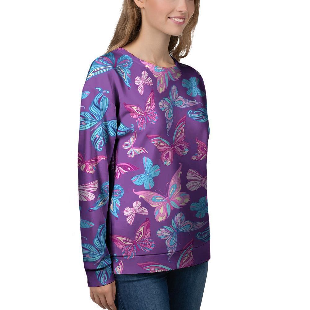 Blue And Pink Butterfly Print Women's Sweatshirt-grizzshop