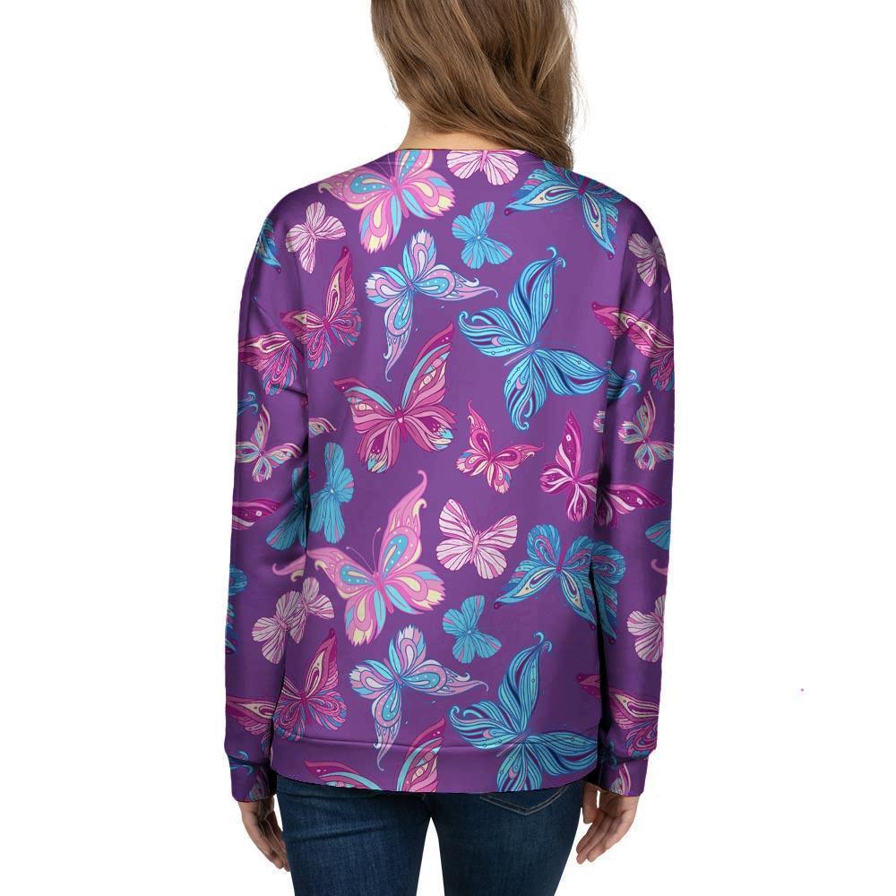 Blue And Pink Butterfly Print Women's Sweatshirt-grizzshop