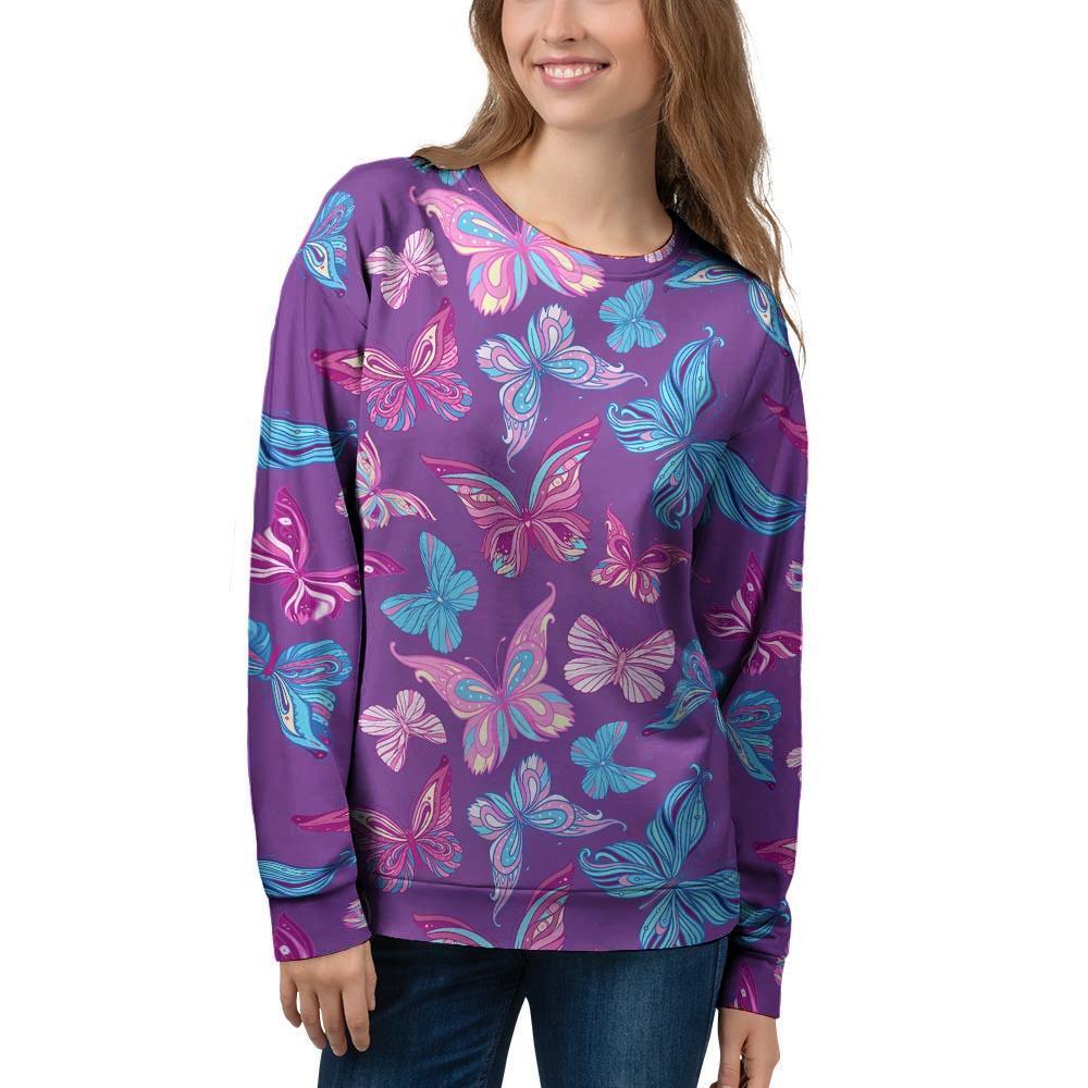 Blue And Pink Butterfly Print Women's Sweatshirt-grizzshop