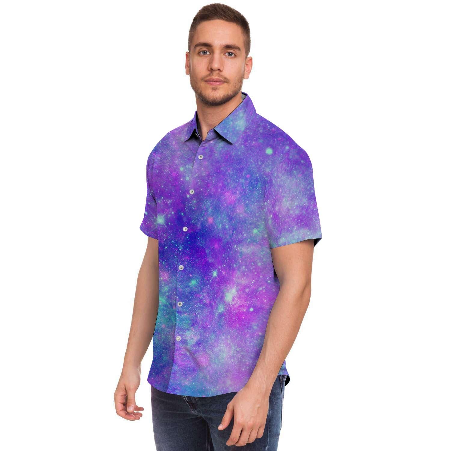 Blue And Pink Galaxy Space Men's Short Sleeve Shirt-grizzshop