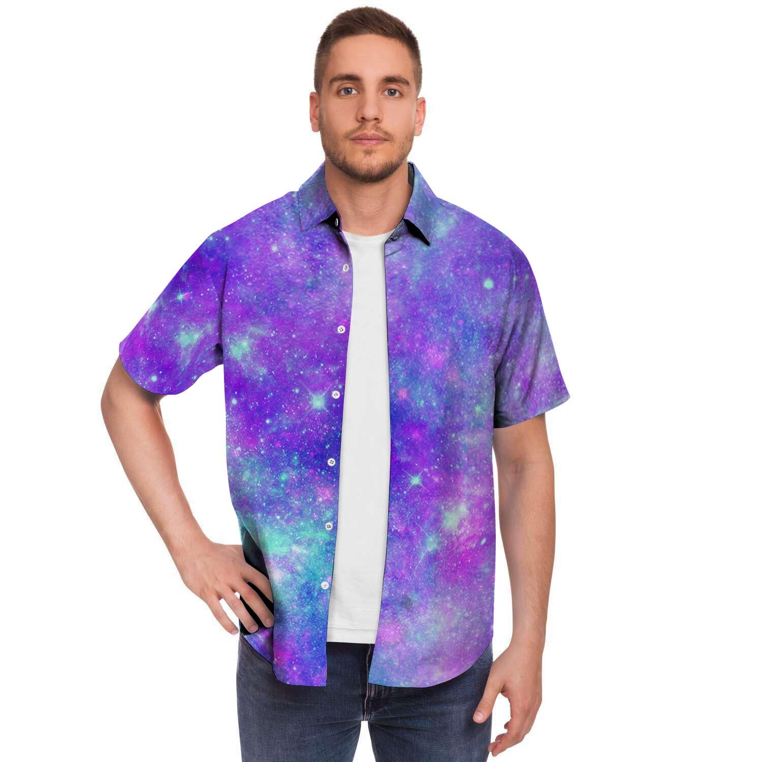 Blue And Pink Galaxy Space Men's Short Sleeve Shirt-grizzshop