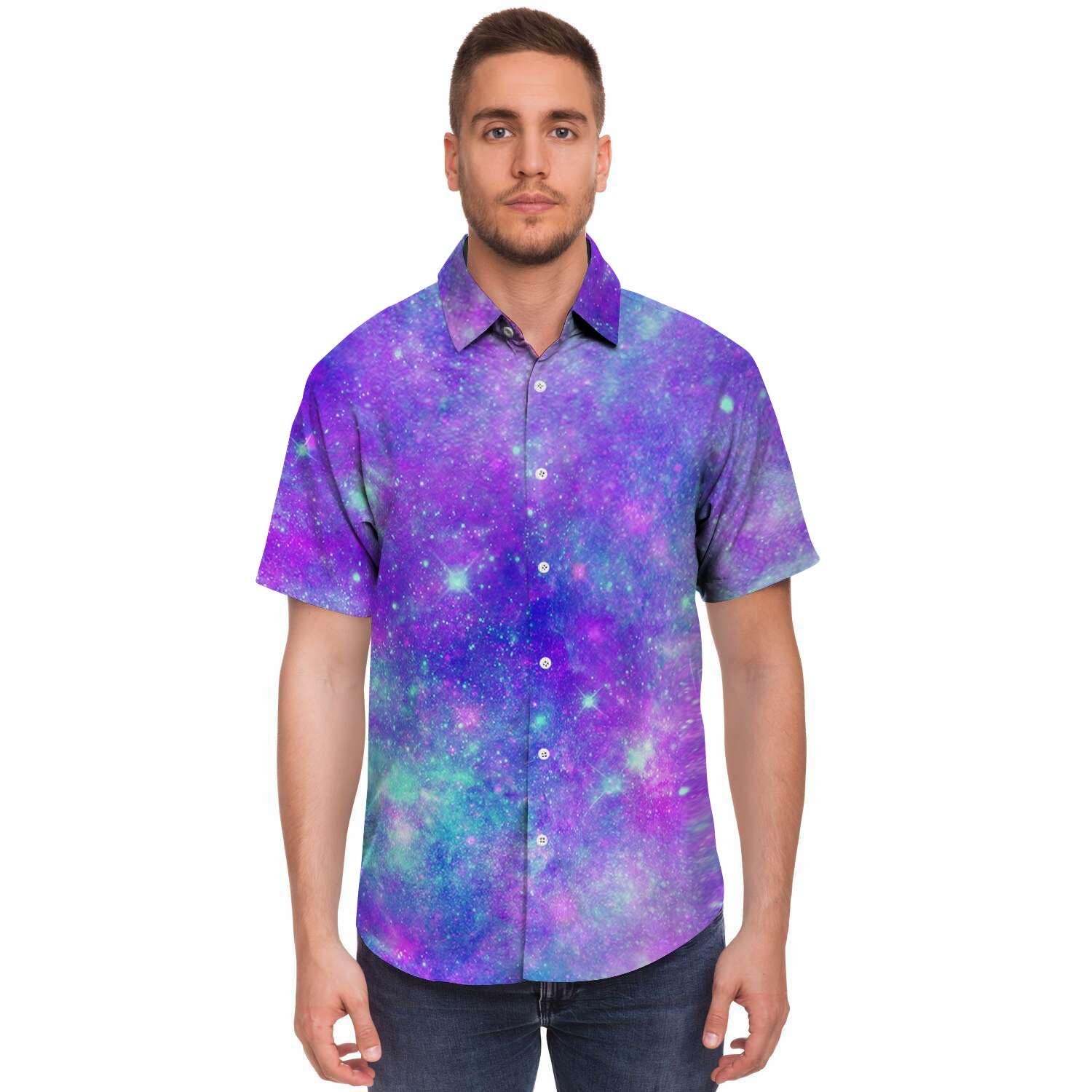 Blue And Pink Galaxy Space Men's Short Sleeve Shirt-grizzshop