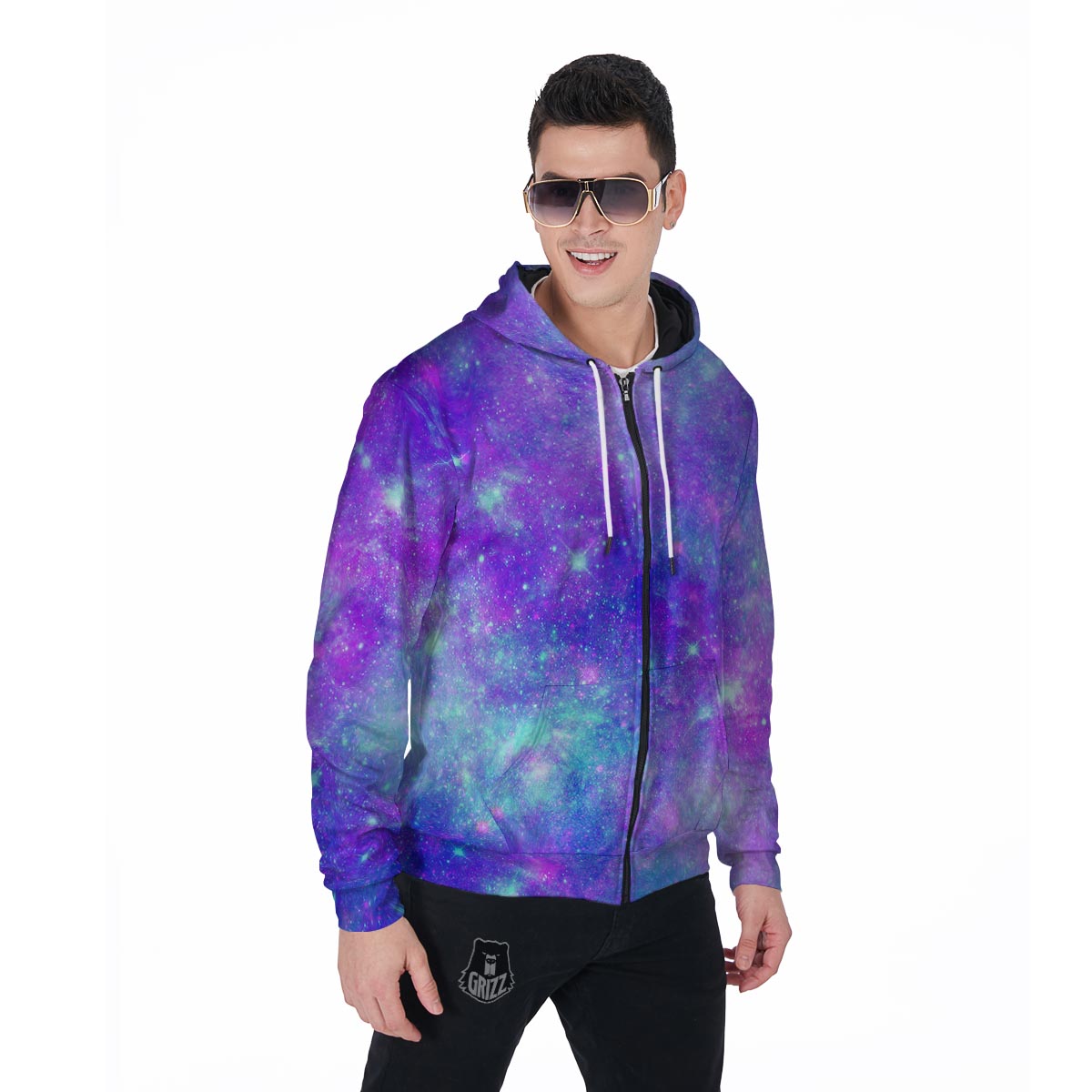 Blue And Pink Galaxy Space Men's Zip Up Hoodie-grizzshop