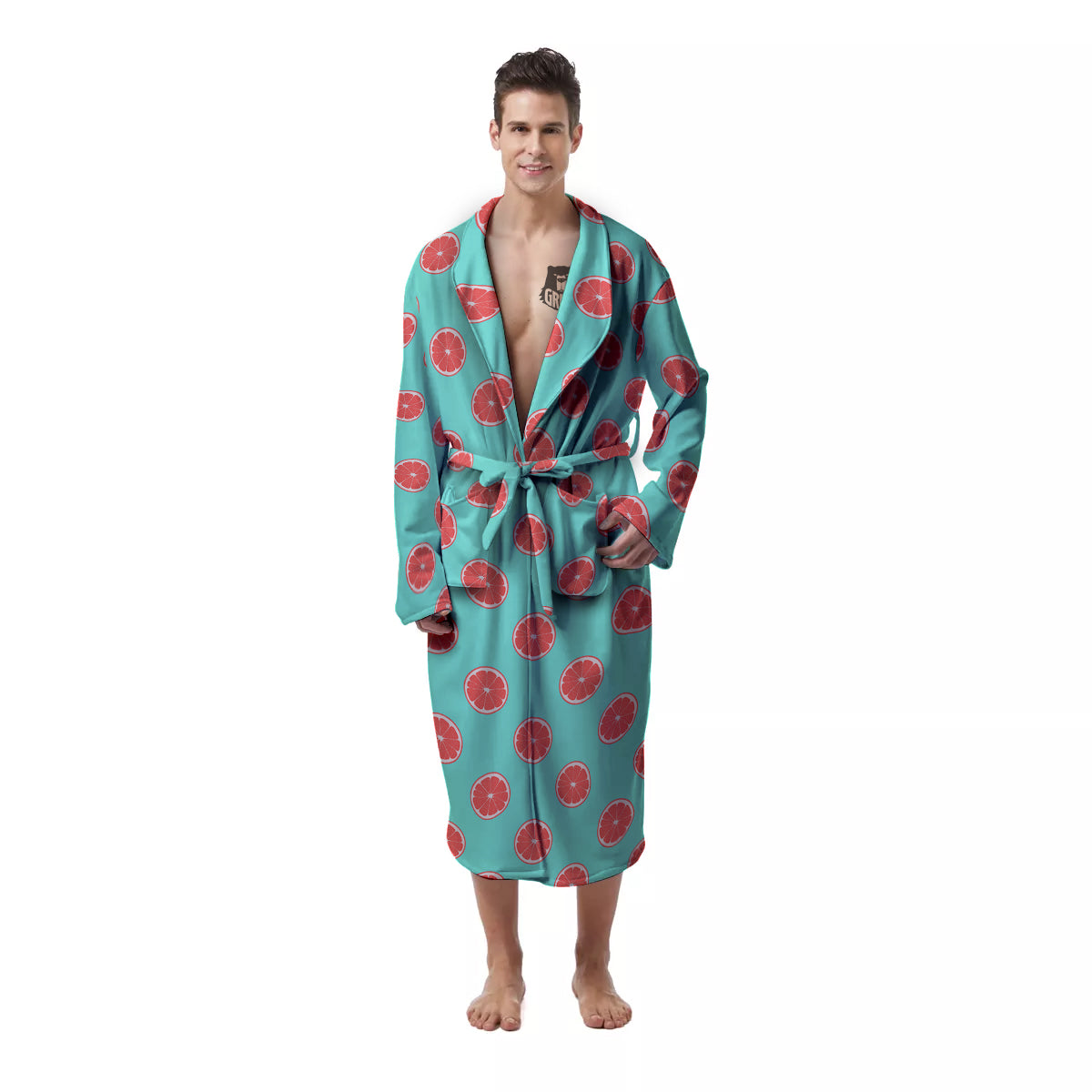 Blue And Pink Grapefruit Sliced Print Pattern Men's Robe-grizzshop