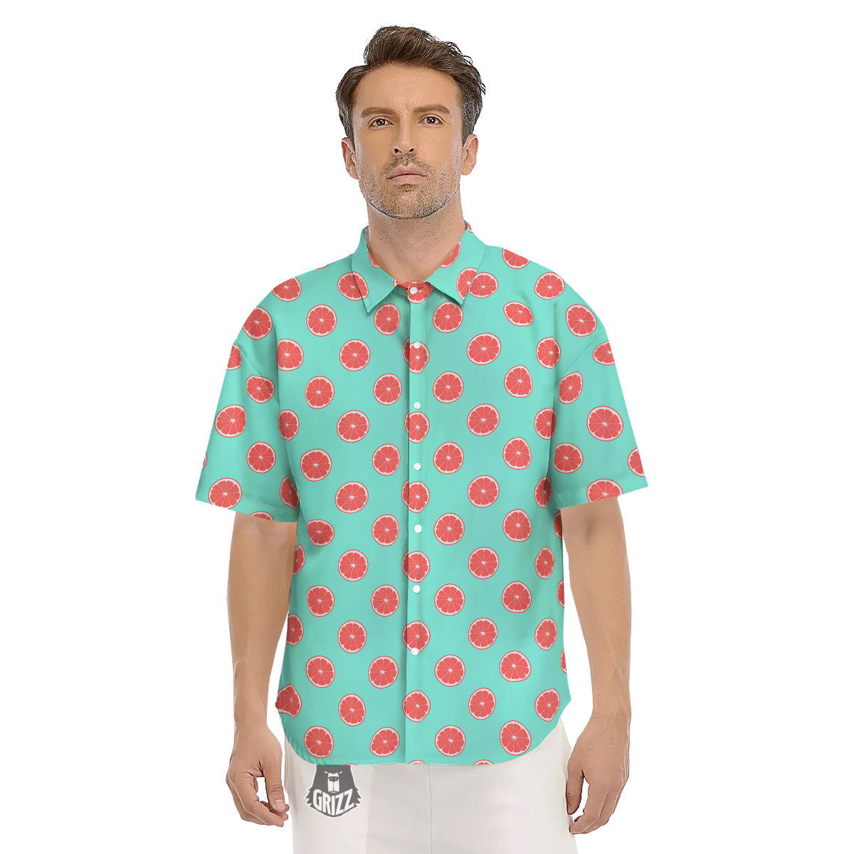 Blue And Pink Grapefruit Sliced Print Pattern Men's Short Sleeve Shirts-grizzshop