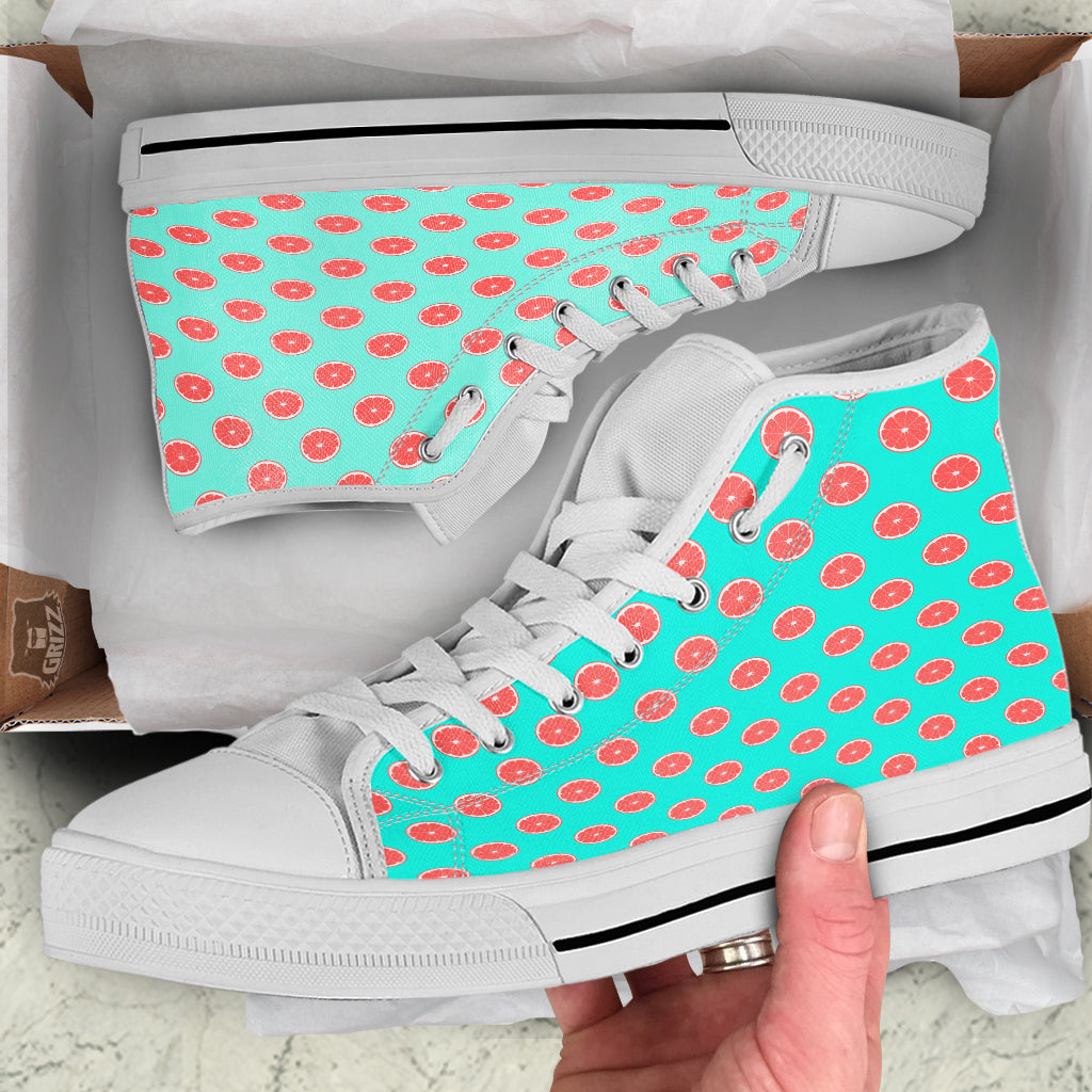 Blue And Pink Grapefruit Sliced Print Pattern White High Top Shoes-grizzshop