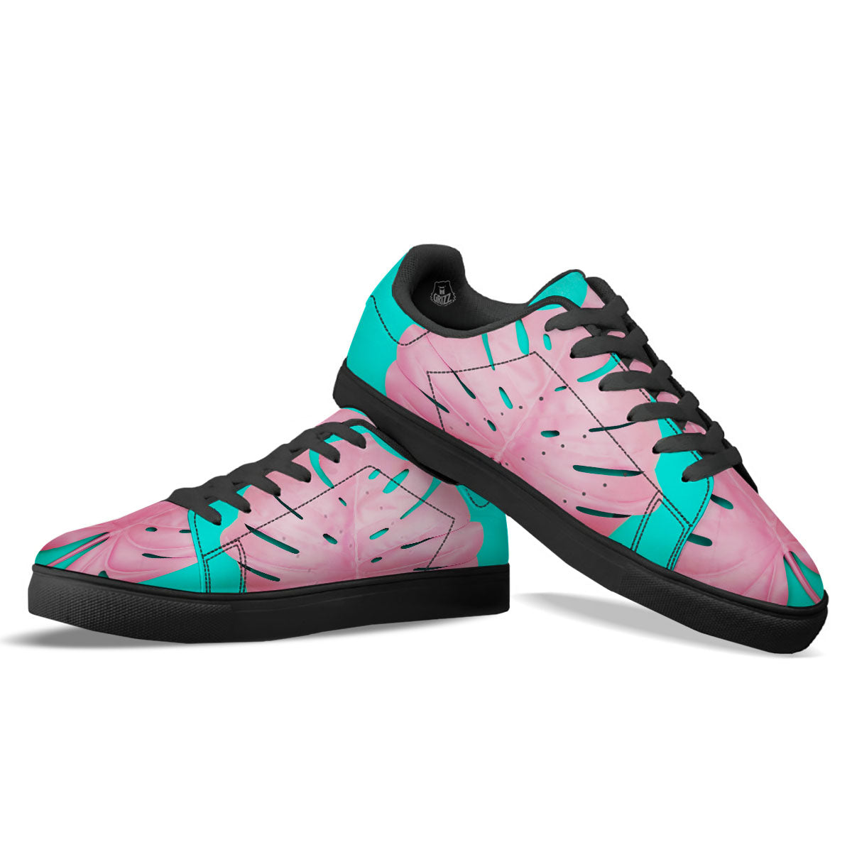 Blue And Pink Tropical Palm Leaf Print Black Low Top Sneakers-grizzshop
