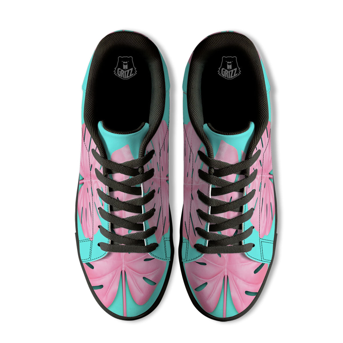 Blue And Pink Tropical Palm Leaf Print Black Low Top Sneakers-grizzshop
