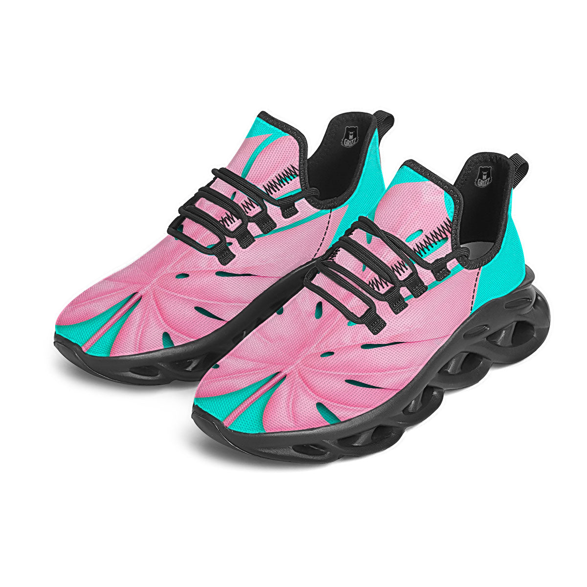 Blue And Pink Tropical Palm Leaf Print Black Running Shoes-grizzshop