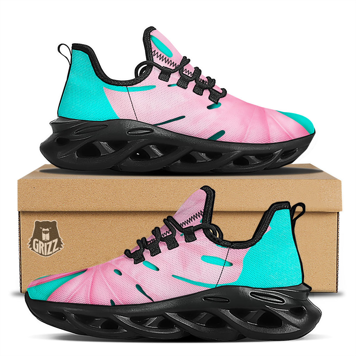 Blue And Pink Tropical Palm Leaf Print Black Running Shoes-grizzshop