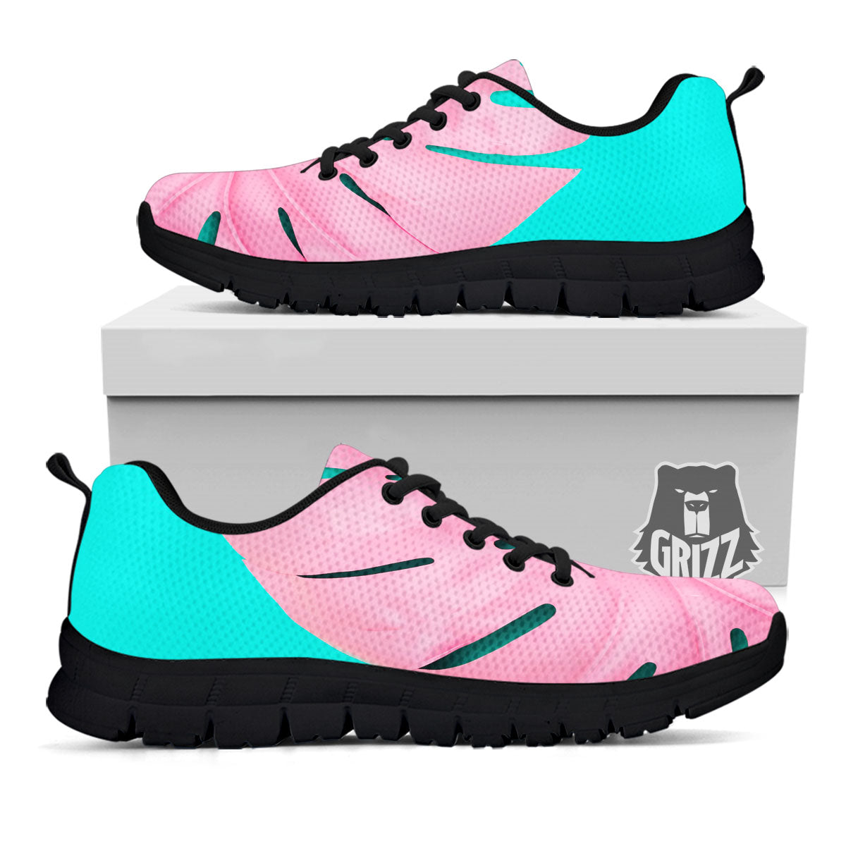 Blue And Pink Tropical Palm Leaf Print Black Sneaker-grizzshop