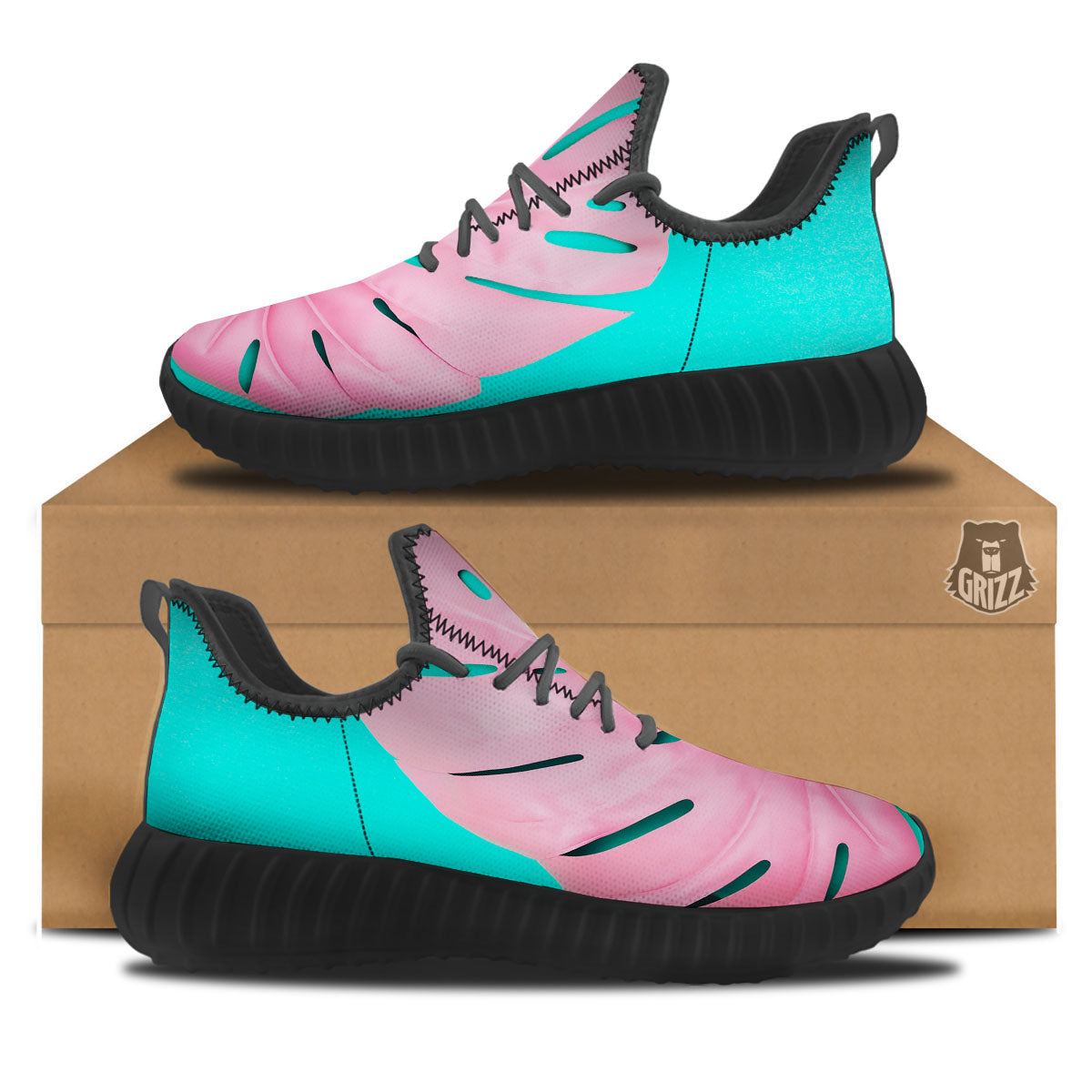 Blue And Pink Tropical Palm Leaf Print Black Walking Shoes-grizzshop