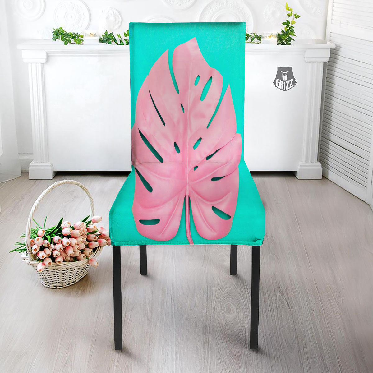 Blue And Pink Tropical Palm Leaf Print Dining Chair Slipcover-grizzshop