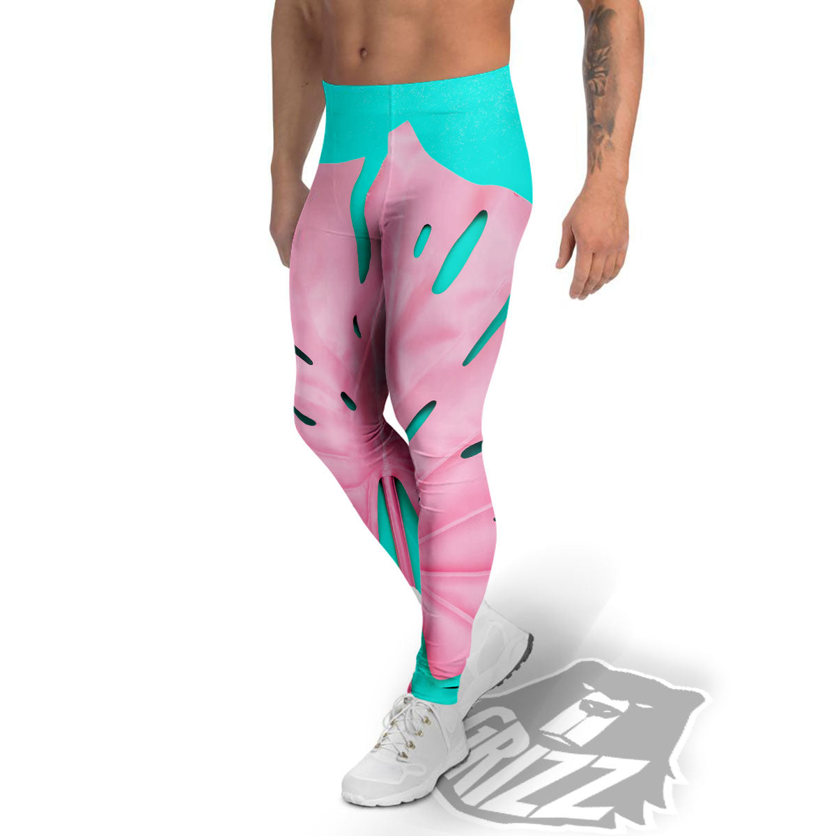 Blue And Pink Tropical Palm Leaf Print Men's Leggings-grizzshop
