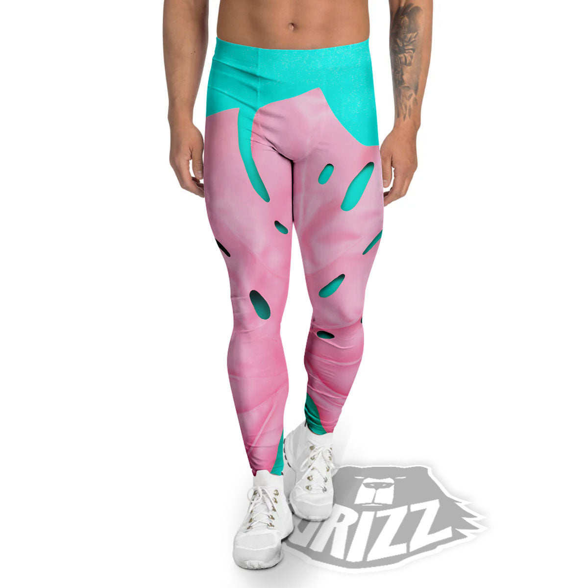 Blue And Pink Tropical Palm Leaf Print Men's Leggings-grizzshop