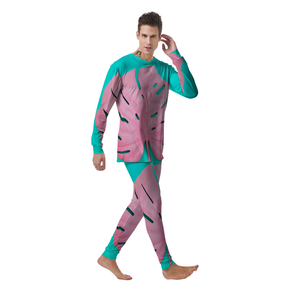 Blue And Pink Tropical Palm Leaf Print Men's Pajamas-grizzshop