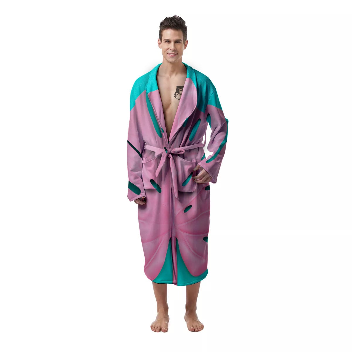 Blue And Pink Tropical Palm Leaf Print Men's Robe-grizzshop