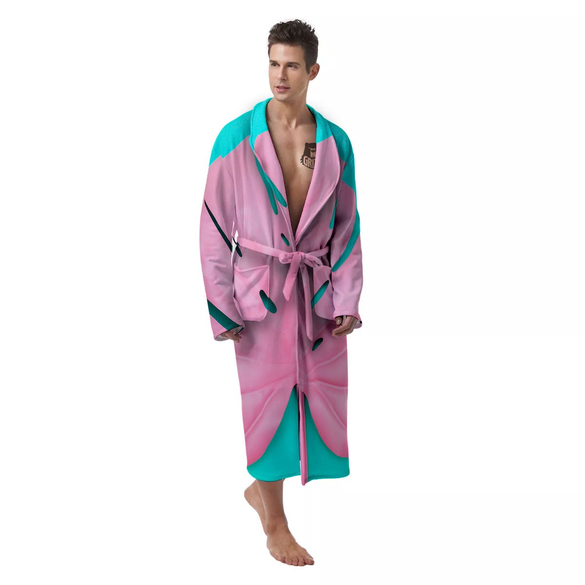 Blue And Pink Tropical Palm Leaf Print Men's Robe-grizzshop