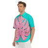 Blue And Pink Tropical Palm Leaf Print Men's Short Sleeve Shirts-grizzshop