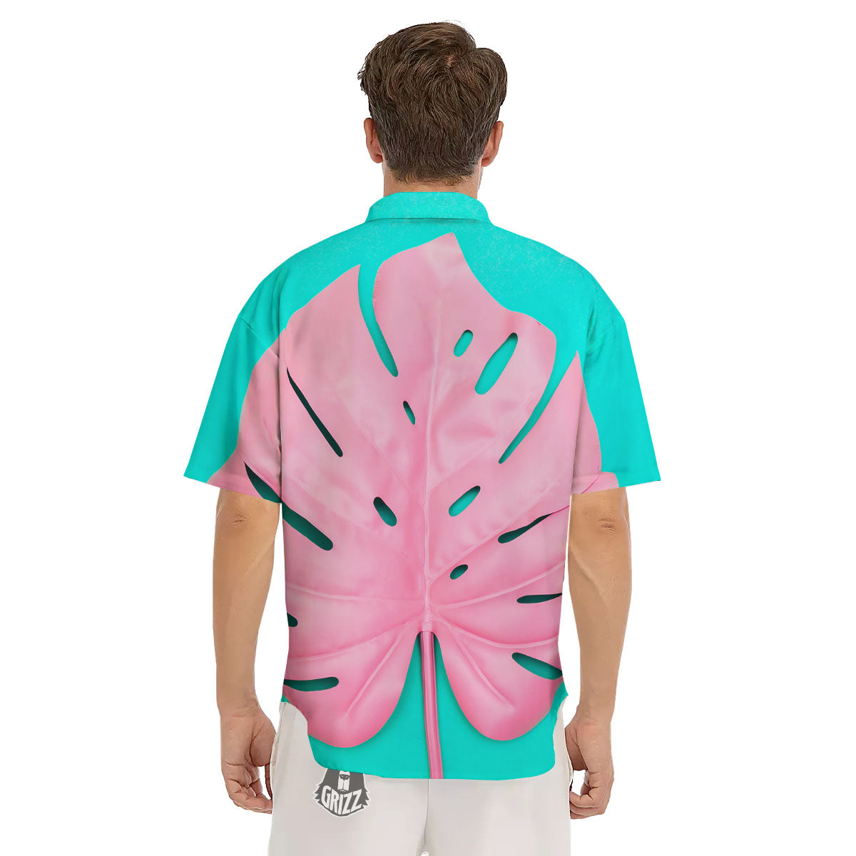 Blue And Pink Tropical Palm Leaf Print Men's Short Sleeve Shirts-grizzshop