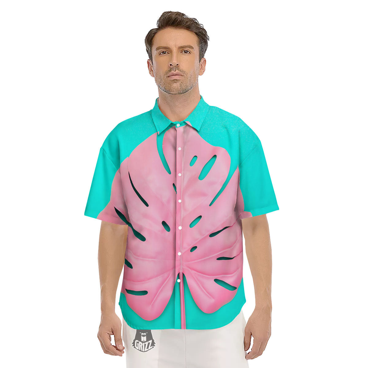 Blue And Pink Tropical Palm Leaf Print Men's Short Sleeve Shirts-grizzshop