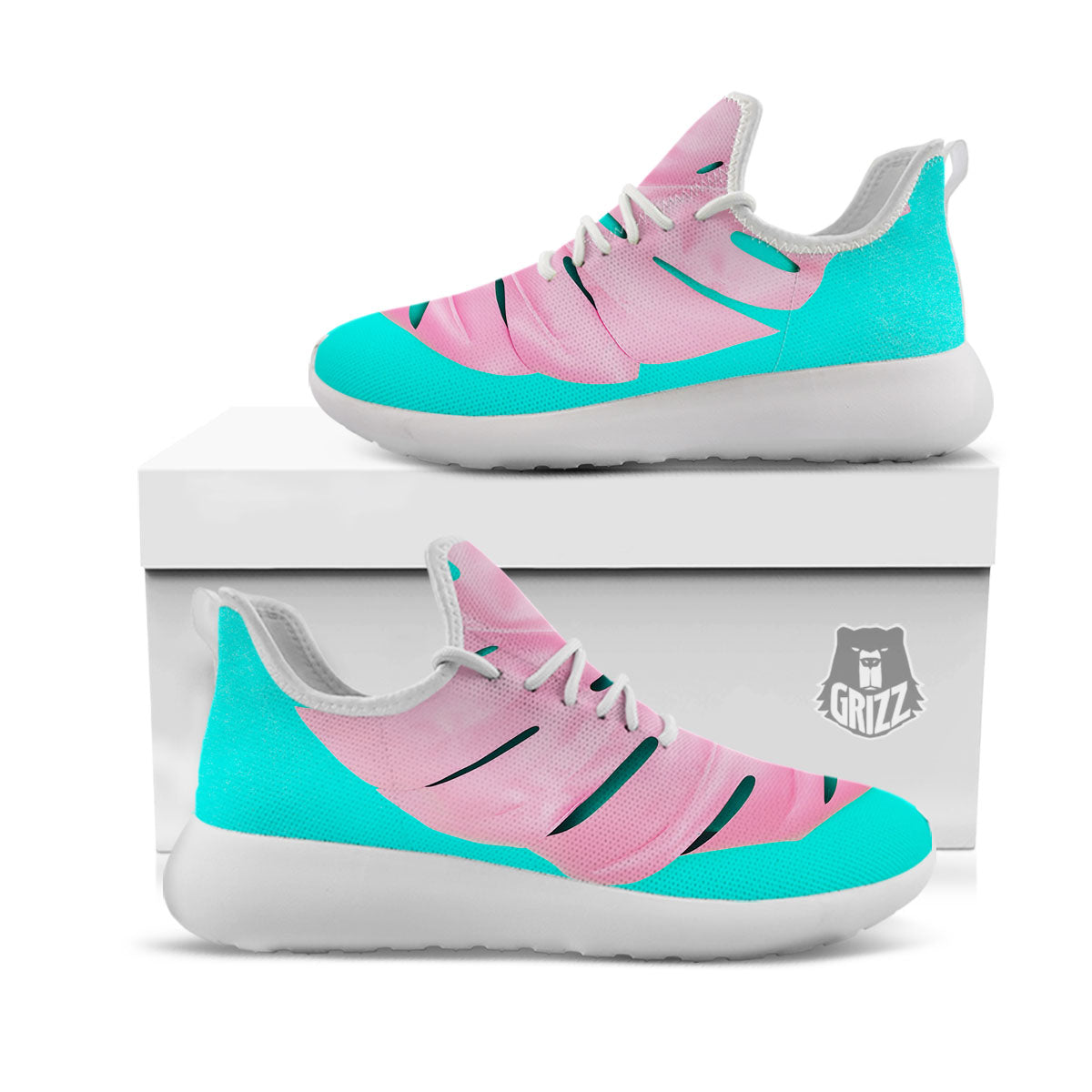 Blue And Pink Tropical Palm Leaf Print White Athletic Shoes-grizzshop