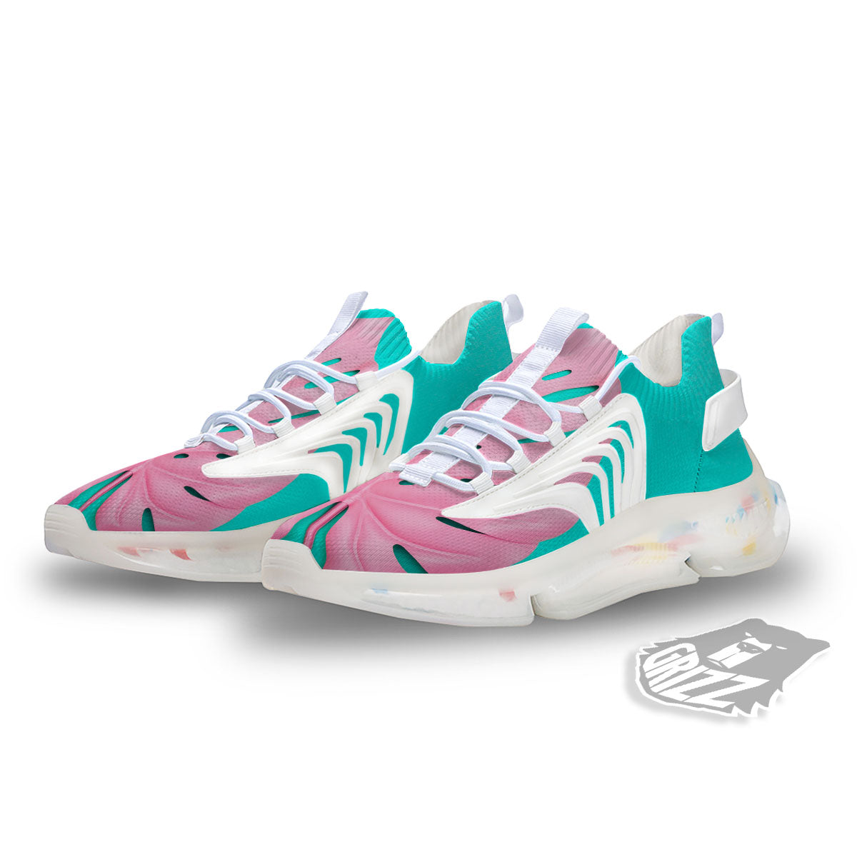 Blue And Pink Tropical Palm Leaf Print White Gym Shoes-grizzshop