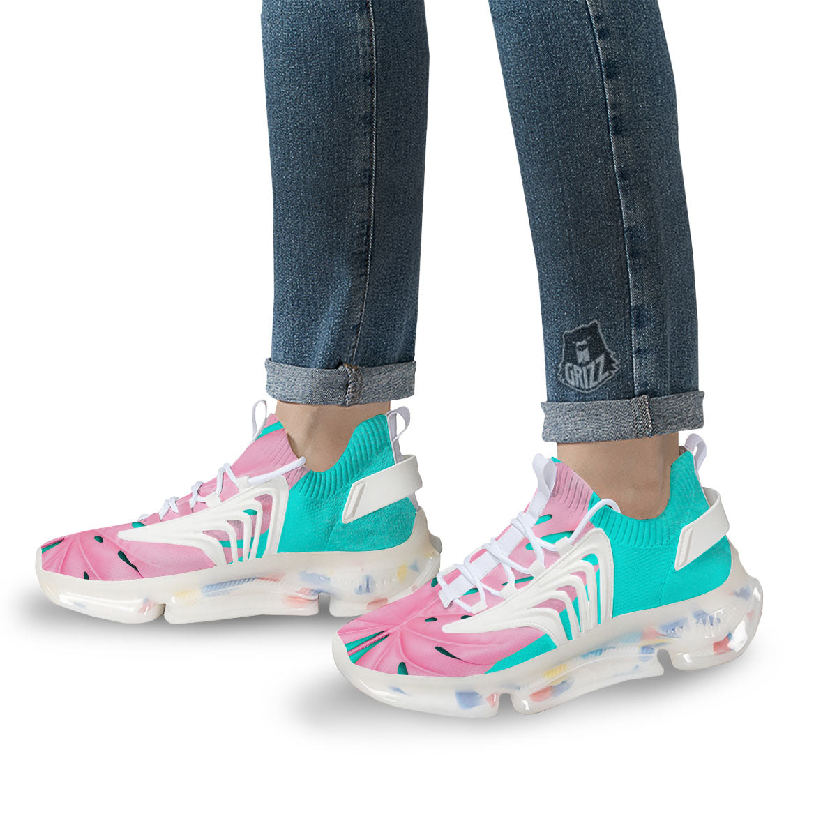 Blue And Pink Tropical Palm Leaf Print White Gym Shoes-grizzshop