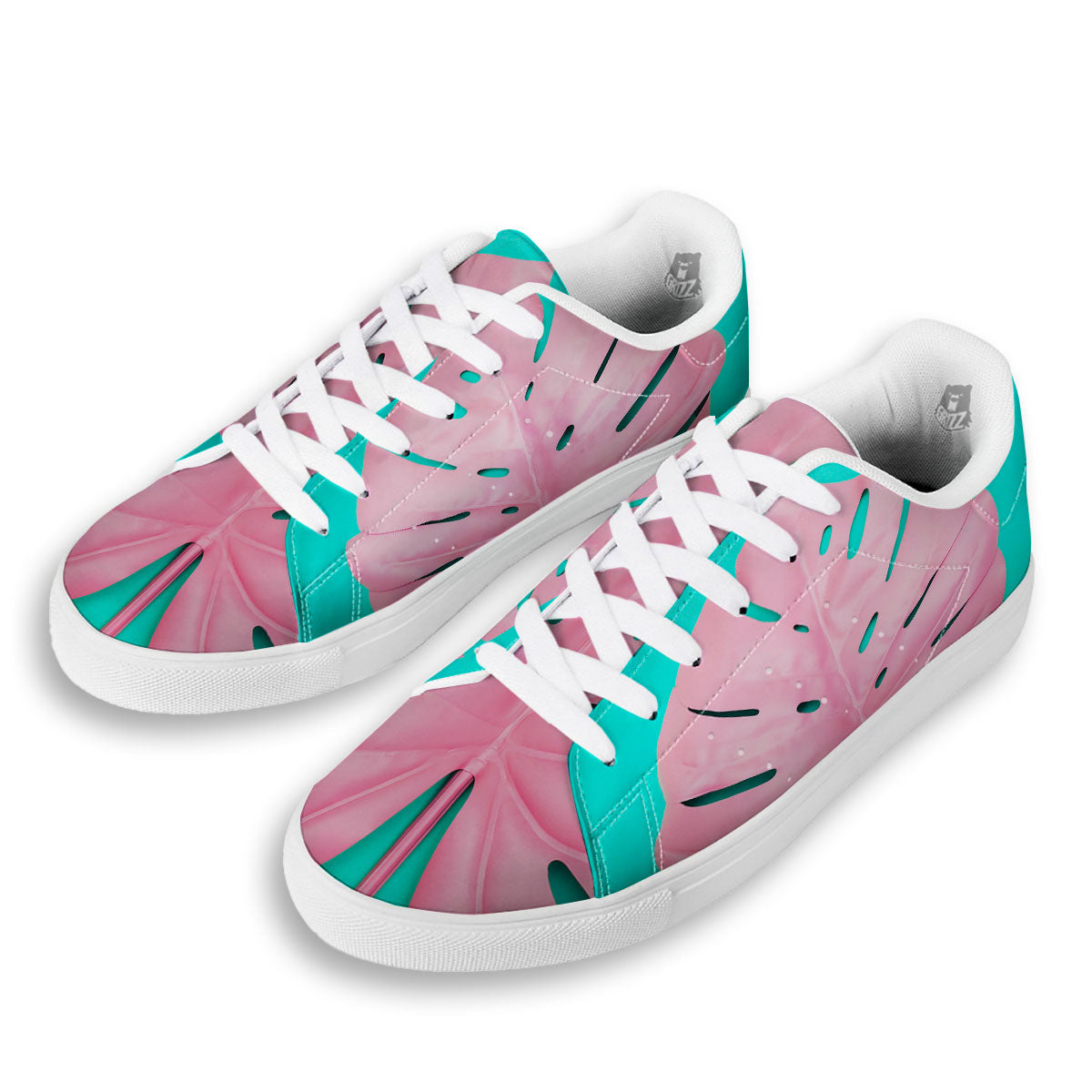 Blue And Pink Tropical Palm Leaf Print White Low Top Sneakers-grizzshop